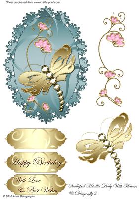 Scalloped Metallic Doily with Flowers & Dragonfly 2