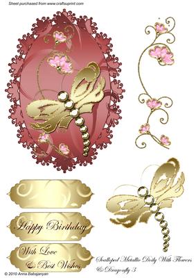 Scalloped Metallic Doily with Flowers & Dragonfly 3