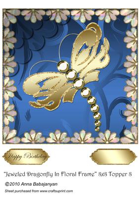 Jeweled Dragonfly in Floral Frame 8x8 Topper 8