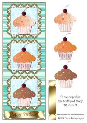 Three Cupcakes on Scalloped Doily Dl Card 3