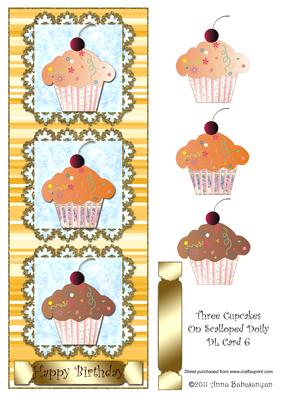 Three Cupcakes on Scalloped Doily Dl Card 6