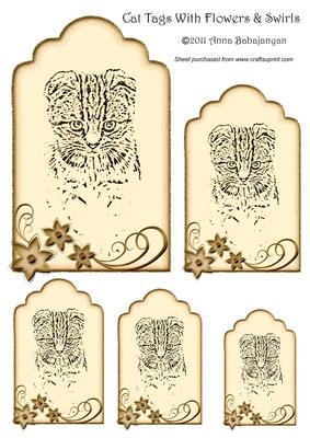 Cat Tags with Flowers & Swirls