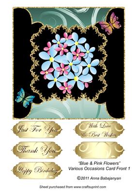 Blue & Pink Flowers Various Occasions Card Front 1