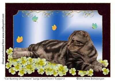 Cat Resting on Flowers Large Card Front / Topper 2