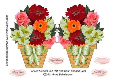 Mixed Flowers in a Pot with Bow Shaped Card