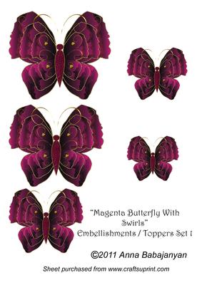 Magenta Butterfly with Swirls Embellishments/toppers Set 1