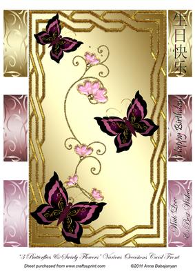 3 Butterflies & Swirly Flowers Various Occasions Card Front