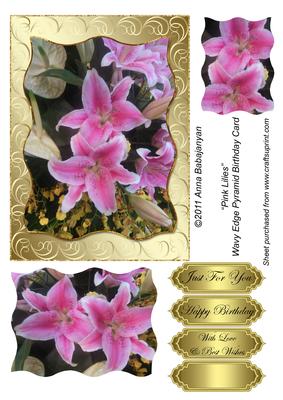 Pink Lilies Wavy Edge Pyramid Birthday Card