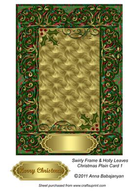 Swirly Frame & Holly Leaves Christmas Plain Card 1