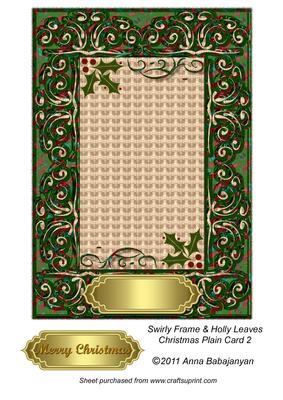 Swirly Frame & Holly Leaves Christmas Plain Card 2