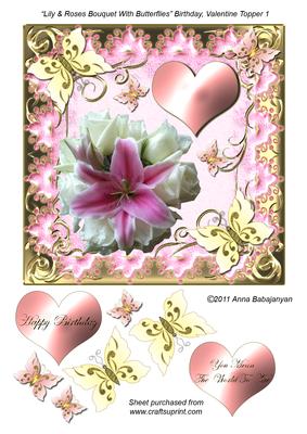 Lily & Roses Bouquet with Butterflies Birthday, Valentine