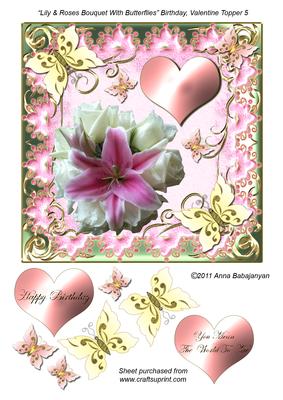 Lily & Roses Bouquet with Butterflies Birthday, Valentine