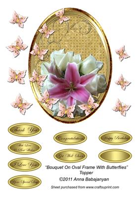 Bouquet on Oval Frame with Butterflies Topper