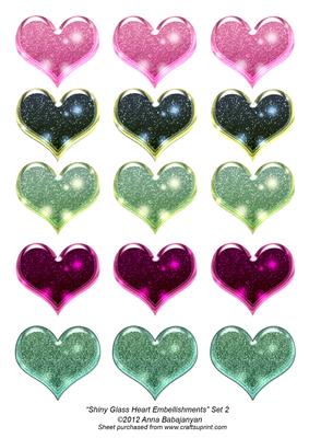Shiny Glass Heart Embellishments Set 2