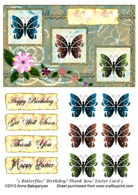 3 Butterflies Birthday/ Thank You/ Easter Card 3