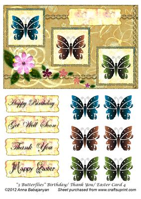 3 Butterflies Birthday/ Thank You/ Easter Card 4