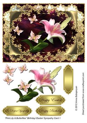 Pink Lily & Butterflies Birthday/ Easter/ Sympathy Card 1