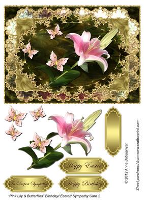 Pink Lily & Butterflies Birthday/ Easter/ Sympathy Card 2
