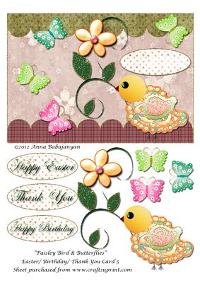 Paisley Bird & Butterflies Easter/ Birthday/ Thank You Car