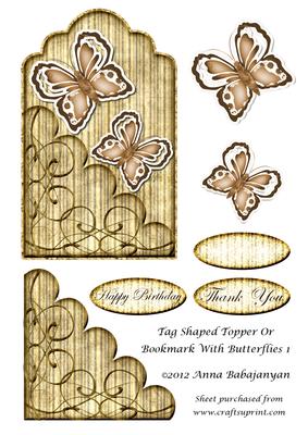 Tag Shaped Topper or Bookmark with Butterflies 1