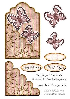 Tag Shaped Topper or Bookmark with Butterflies 3