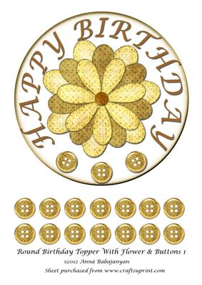 Round Birthday Topper with Flower & Buttons 1