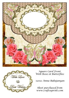 Square Card Front with Roses & Butterflies