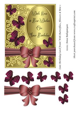 Cute Birthday Card Front with Butterflies, Flowers & Bow 1