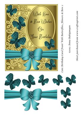 Cute Birthday Card Front with Butterflies, Flowers & Bow 2