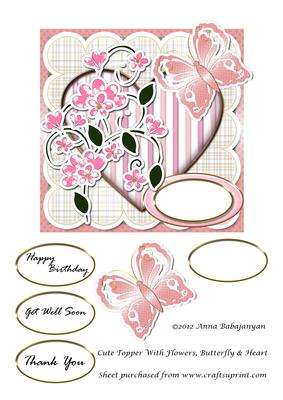 Cute Topper with Flowers, Butterfly & Heart