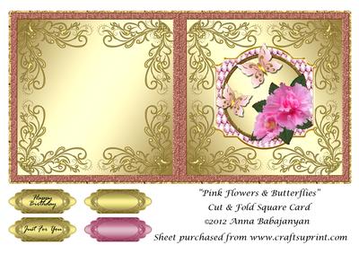 Pink Flowers & Butterflies Cut & Fold Square Card