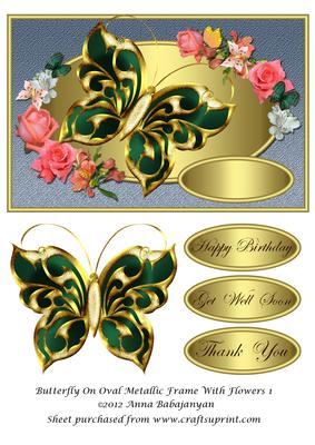 Butterfly on Oval Metallic Frame with Flowers 1