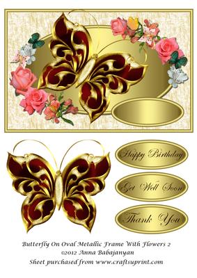 Butterfly on Oval Metallic Frame with Flowers 2