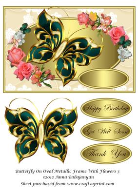 Butterfly on Oval Metallic Frame with Flowers 3