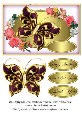 Butterfly on Oval Metallic Frame with Flowers 4