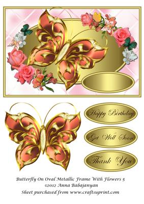 Butterfly on Oval Metallic Frame with Flowers 5