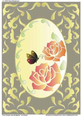 Two Roses and Butterfly on Khaki