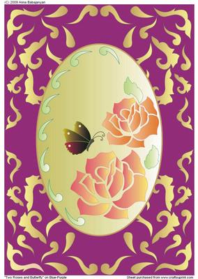 Two Roses and Butterfly on Blue-purple