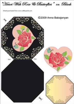 Heart with Rose and Butterflies on Black