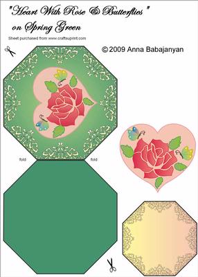 Heart with Rose and Butterflies on Spring Green