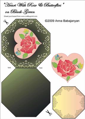 Heart with Rose and Butterflies on Black-green