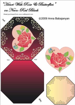 Heart with Rose and Butterflies on Neon-red Black