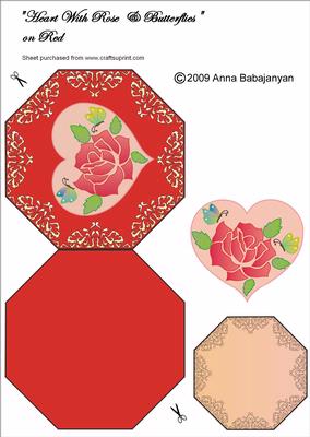 Heart with Rose & Butterflies on Red