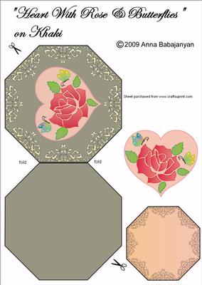 Heart with Rose & Butterflies on Khaki