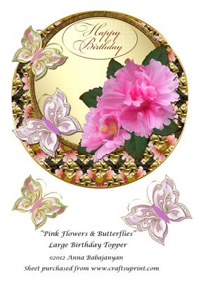 Pink Flowers & Butterflies Large Birthday Topper