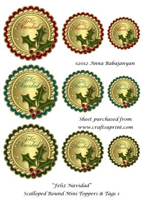 Feliz Navidad Scalloped Round Mini Toppers & Tags 1