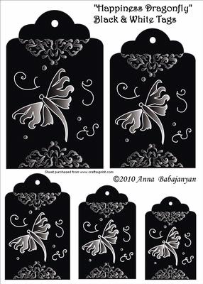 Happiness Dragonfly Black & White Tags