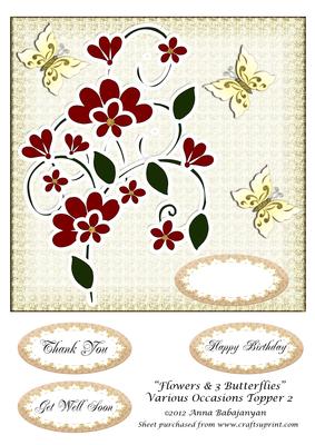 Flowers & 3 Butterflies Various Occasions Topper 2