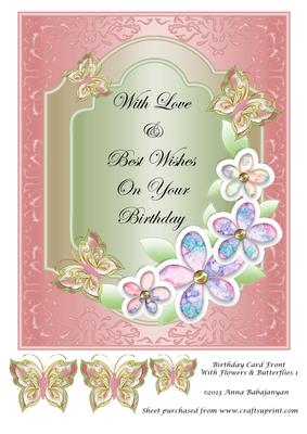 Birthday Card Front with Flowers & Butterflies 1
