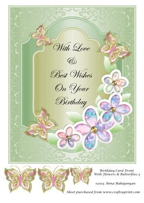 Birthday Card Front with Flowers & Butterflies 3